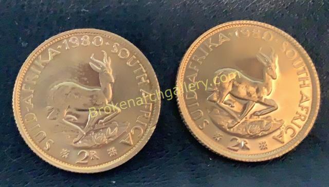 Two 1980 South Africa 2 Rand Gold Coins: 2 Rand Coins each .9167 fine gold