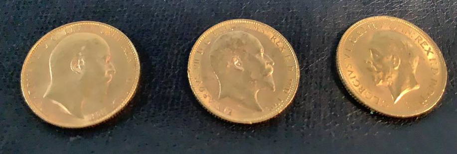 Three Great Britain Gold Sovereign  Coins: Edward VII 1905 and 1907 George V 1929,