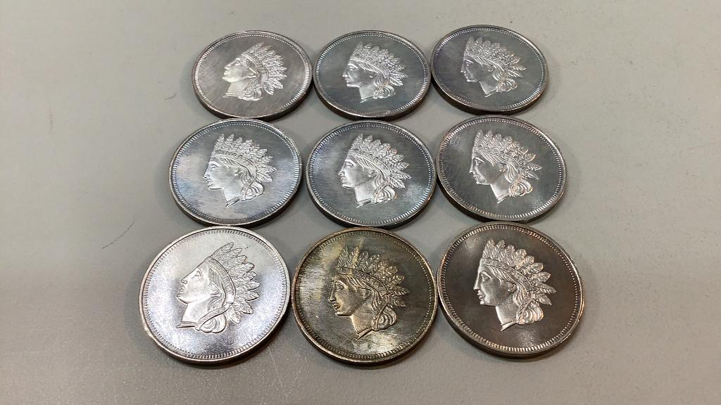 Nine Indian Head Silver Rounds (1 of 3)