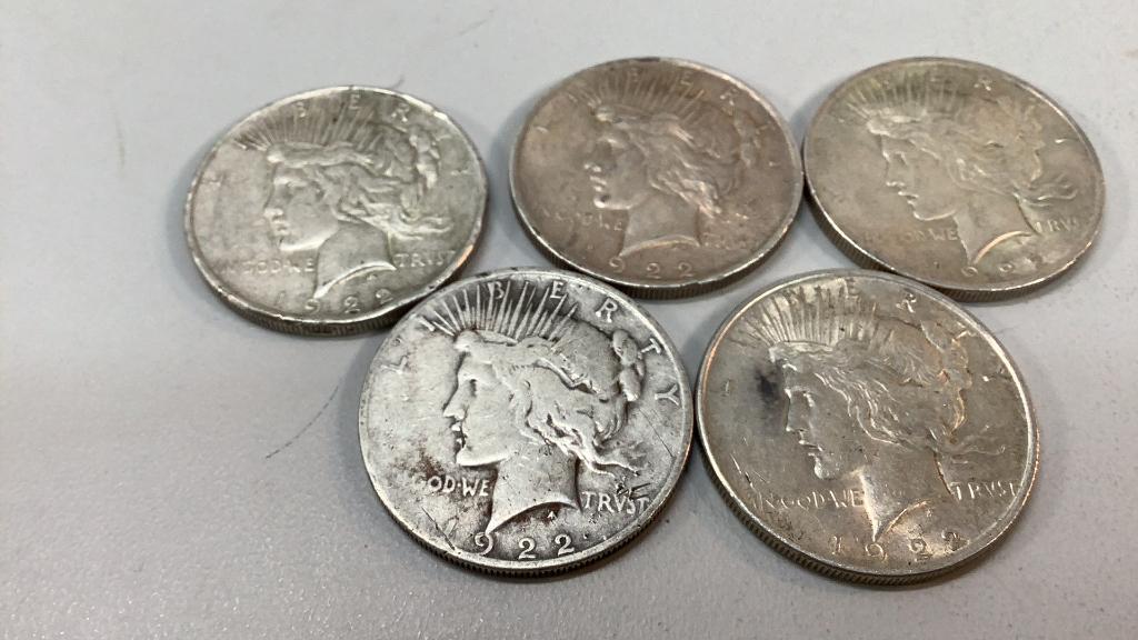 Five 1922 Peace Silver Dollars (1 of 3)
