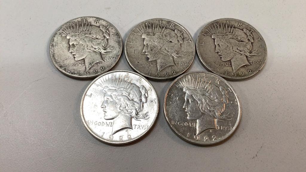 Five 1922 Peace Silver Dollars (1 of 3)