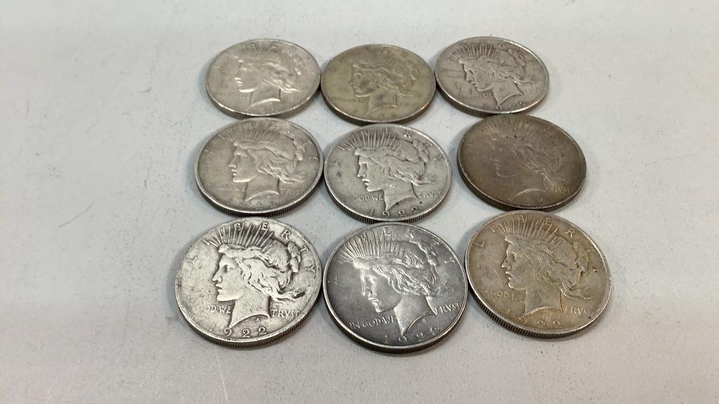 Lot of 9 Peace Silver Dollars (1 of 3)