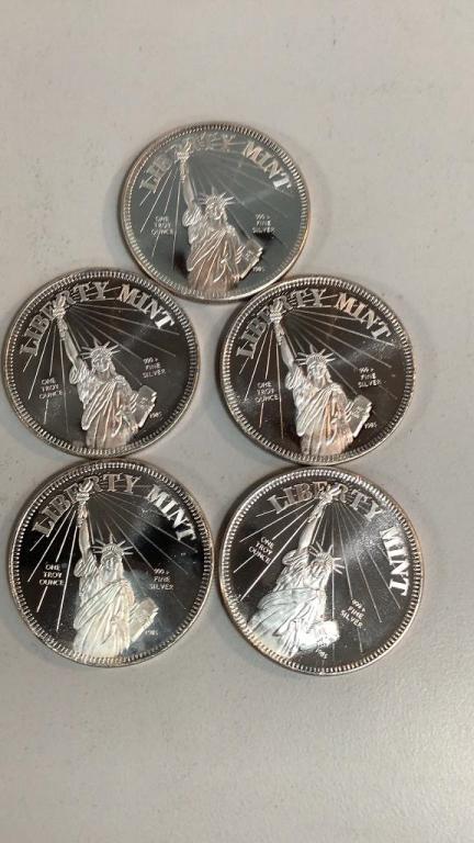 Five - One Oz Liberty Mint Silver Rounds (1 of 3)