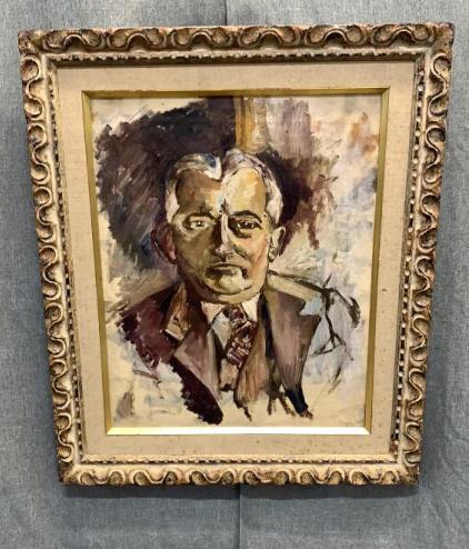 Oil on Canvas, Attributed Reginald Marsh: Cubist Portrait of gentlemen, possibly identified as Abraham Walkowitz, A signature appears in pencil to verso stretcher16 x 20 inches sight, antiqued frame