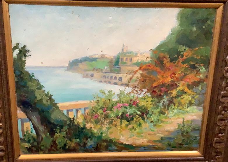 Oil on Linen Attributed to Winston Churchill: Romantic landscape and water scene, signed lower left WSC, 16 x 13 sight, re mounted inmodern wood frame, pencil note on verso stretcher as Sir Winston S. Churchill