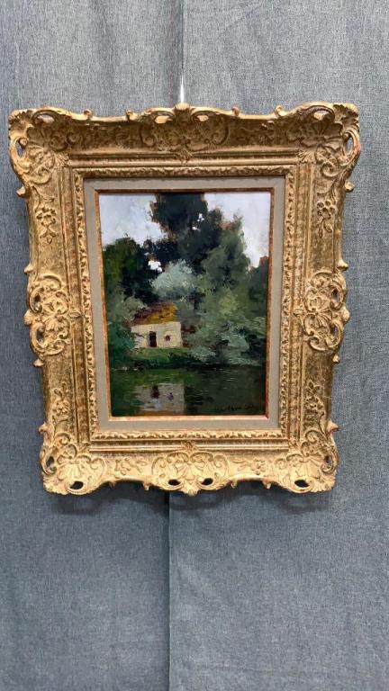 Oil on Board, After Edouard Cortes: Post impression view of cottage reflected in a pond, a signature at lower right, 9 x 12 sight,