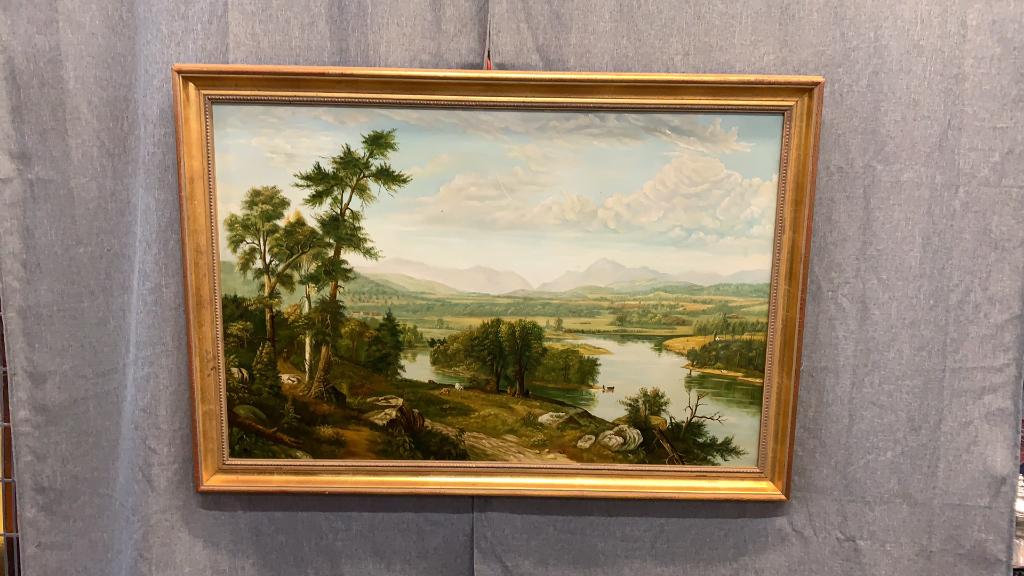 Oil on Canvas, After Durand: Line Item # 40 Reproduction View of the White Mountains, after Asher Durand, of Hudson River School, 25 x 40 sighted canvas, mounted gold tone decorative frame