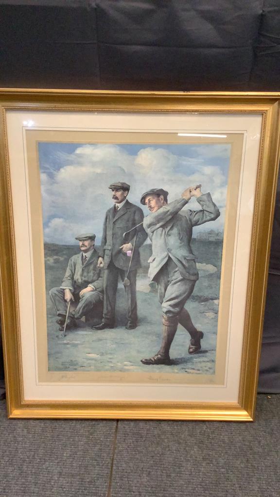 Triumvirate Golf Print: Line Item # 68 Based on painting by Clement Flower, edition #106/850, partial seal of North Devon Golf Club, lower right, 36 3/4 x 28.5 inches, framed contemporary gold tone