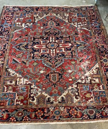 Vintage Mehriban Area Rug: Some Threadbare, strong colors, 102 x 90 Line Item # 57