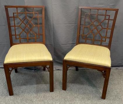 Pair Ralph Lauren Chinese Chippendale Style Chairs: Clean upholstery , Ralph Lauren label, sturdy, 1 with minor repair. See photos Line Item # 3