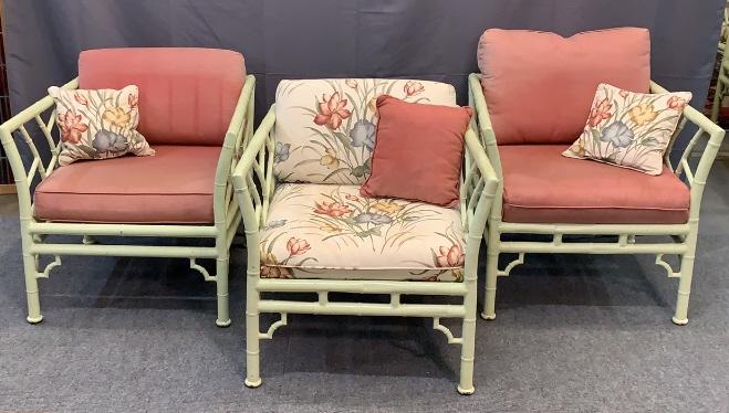 3 Meadowcraft Bamboo Style Armchairs: Upholstery with wear - need spot cleaning, good condition, 26H x 28W x 31D
