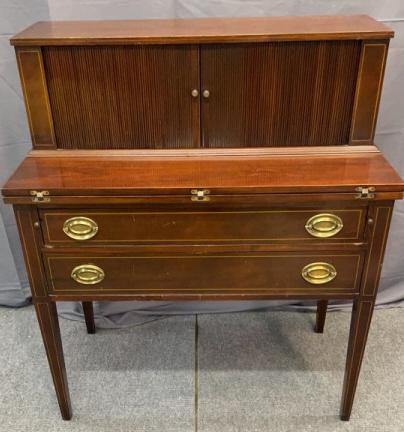 Inlaid Mahogany Tambour Desk: String inlay. 1940s traditional tambour doors, 42 tall x 36 wide 19 deep 27 open.