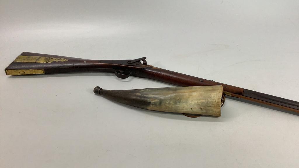 Percussion Long Rifle, Powder Horn: Custom, walnut half stock, brass side plates, 58 inches long, Replaced Rod, no marking, normal age wear, 14 inch powder horn, uncapped