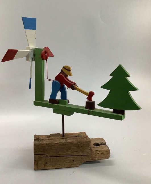 Folk Art Whirligig: Man chops wood as propeller spins, with block wood stand, painted, good color