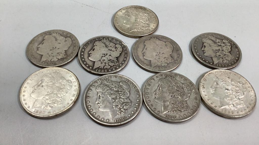 Nine Morgan Silver Dollars (1 of 4)