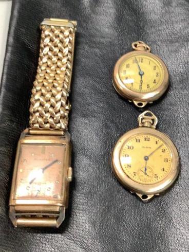 3 Vintage Watches: Bulova Wrist watch, case stamped 14k gold filled , 2 petite ladies lapel watches, one markedElgin, one marked only as Swiss ( not tested)