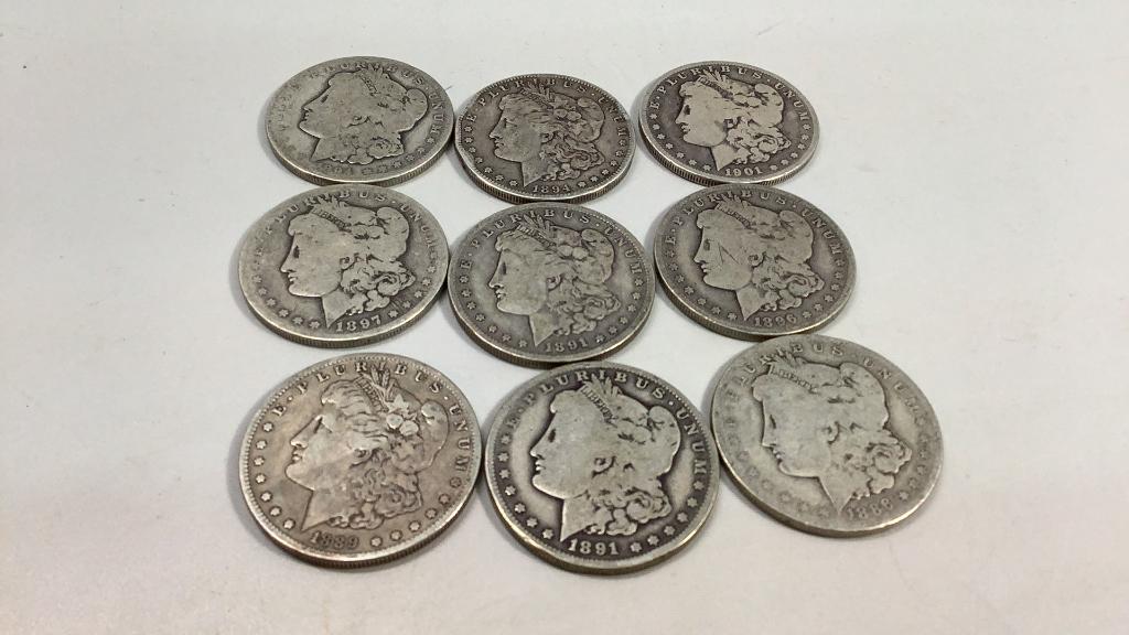 Nine Morgan Silver Dollars (1 of 4)