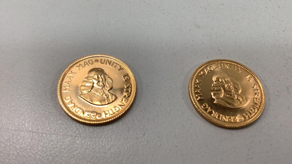 Two 1980 South Africa 2 Rand Gold Coins: Each .9167 fine gold