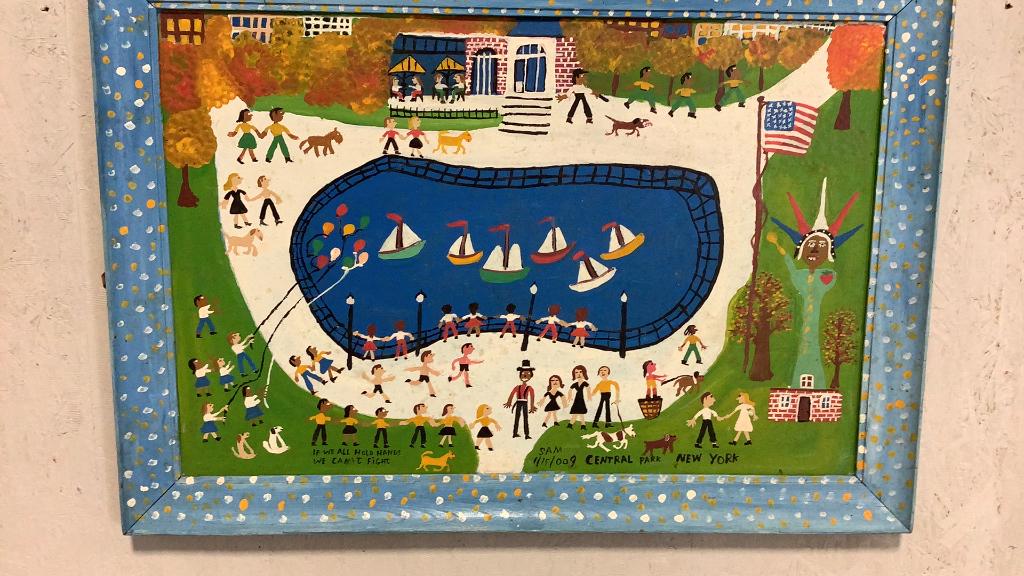 Outsider Art, Central Park New York: Oil on board, interpretive look at New York with Statue of Liberty, Central Park, children's groups, 41 x 29 includes frame, signed as Sam, dated 2009, attributed to Sam McMillan
