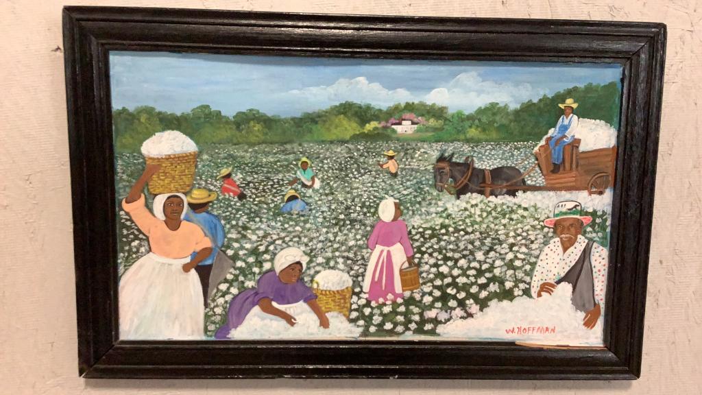 2 Outsider Artworks of Cotton Fields: Both same scene, Workers and mule wagon in a field, signed lower right W. Hoffman, on paperboard 1. 20 x 12 inches, 2. 22 x 18 inches and includes frame