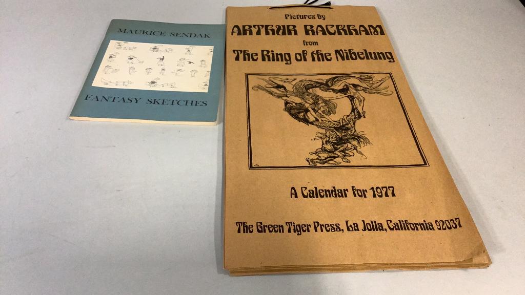 Maurice Sendak, Arthur Rackham: Sendak Sketch Book dated 1970, 10 pages of illustrations paper bound, 1977 Arthur Rackham Callendar with illustrations from The Ring of the Nibelung, 24 inches long, brown paper with attached colored