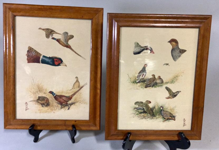 Two Boris Riab Watercolors: Quail and Ring Neck Pheasant, each o paper, 9 x 12 inches sight, each signed lower left/ right, mounted in maple frames