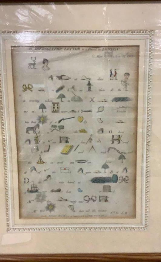 Laurie and Whittle Satirical Hieroglyphic Letter: Titled a Hieroglyphical Letter to a Friend in London, dated 1802, a satirical use of words and symbols in letter form, 10 x 13 inches, has some tonal age stains, fold mark to center, wood frame