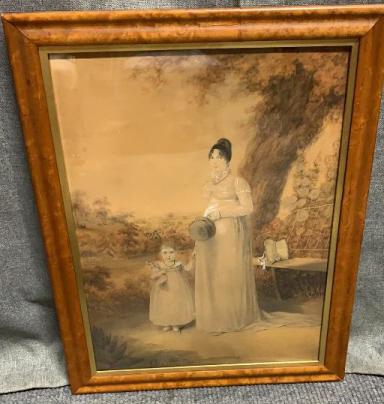 Portrait of a Woman and Child: Likely 19th century, Georgian figures, hand drawn with gouache and watercolor, some areas of foxing and water marks, lower middle with indiscernible writing, curly maple frame, sight 18.5H x 14W