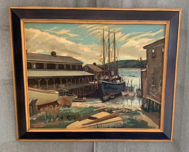 Oil on Board, Donald Gordon Squier: American, 1895-1937. Showing a Gloucester, Mass. scene with ship at dock, signed and dated lower left, gold and black frame, sight 23H x 29W