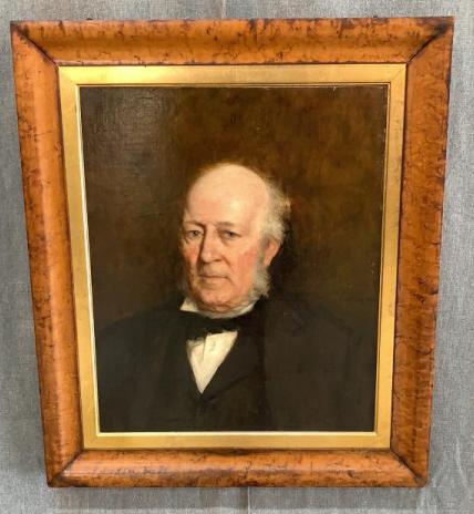 Ancestral Portrait of a Gentleman: Oil on Board, unsigned, areas of paint loss around margin, craquelure, gold leaf mount and with curly maple frame, some loss to frame veneer, sight 21H x 18W