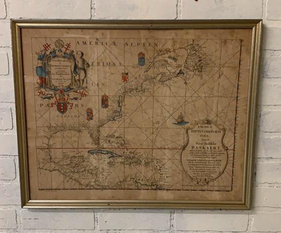 Map of North America including the West Indies: Americae septentrionalis pars., from the West Indische paskaert, Lith. by F. D'Avignon for D.T. Valentine's Manual for 1858, hand colored, heavy toning and foxing, under glass, sight 17H x 21W