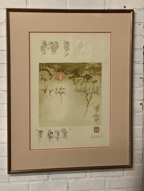 La Lune Rouge et l Hiver, Lebadang: Hoi Lebadang, Vietnamese 1922-2015. Lithograph on paper with embossing, with figures and red moon in winter, pencil signed and numbered 6/300, double matte, with documentation, light toning, frame wit