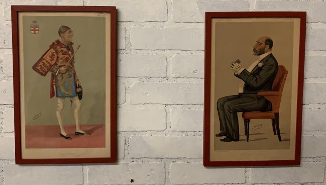 4 Framed Vanity Fair Caricatures: Leslie Matthew Ward aka Spy, includes Frome 1896, Brocklesby 1896, Mr. Reuben Sassoon 1890, The Minstrel Boy 1904, under glass, all with age related toning and some water spots, painted red frames mea
