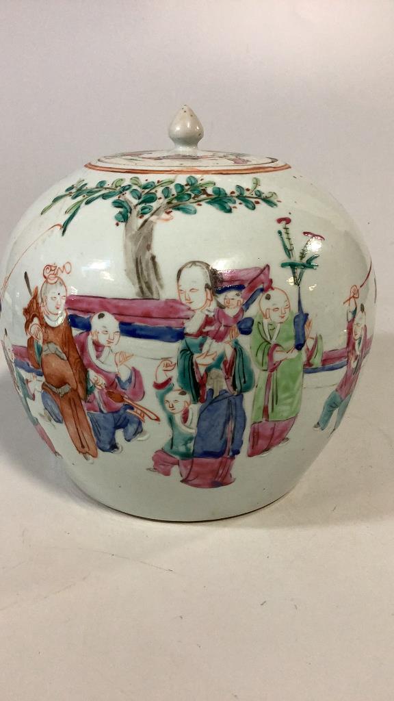Asian Porcelain Temple Jar: 8.5 x 9 inches, figures in family setting, bats flying, no marks, dry foot ring