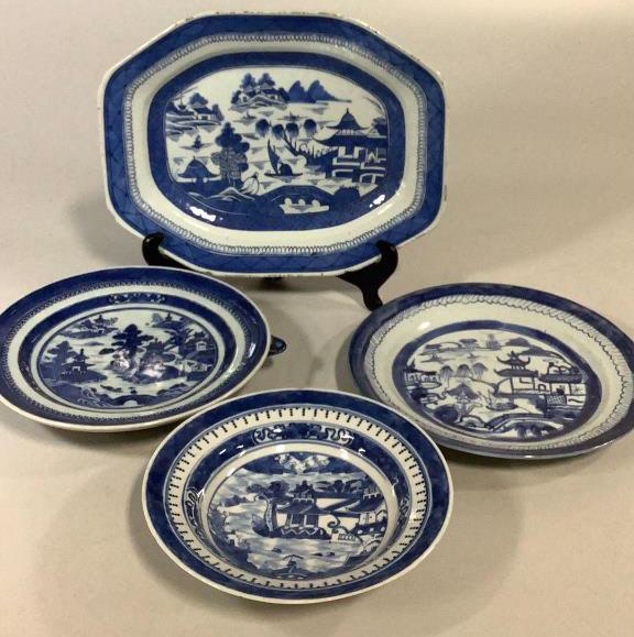 4 Pieces Canton Export Porcelain: 10 inch hot water plate, 13 inch platter, 10 inch round charger,8.5 inch open bowl