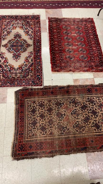 3 Assorted Persian Throw Rugs: Strong colors, some threadbear, 1 Persian, 2 Caucasus rugs all approximately 4.6 x 2.6