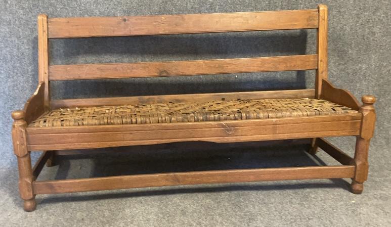 Period Shaker Ladder Back Bench: Walnut, Cherry & pine, split oak seat with some damage, full stretcher base, pegged and mortised construction. Overall good condition, see photos 33 tall to back, 17 to seat 59 long x 19 deep