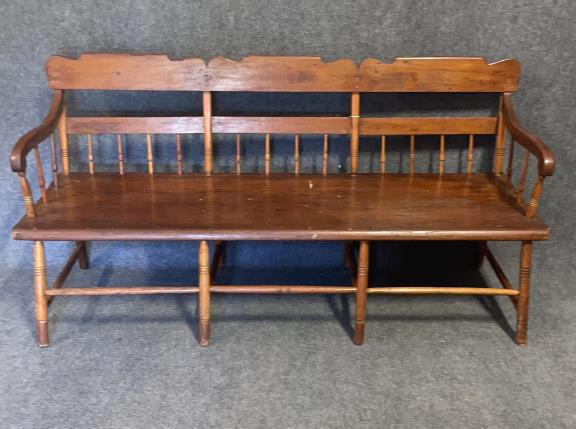 Half Spindle Back Cherry Plank Bottom Settee: single 22.5 inch board seat, scroll arms, scalloped back board, sturdy, 36 tall to back, 17.5 to seat x 71 wide x 23 deep
