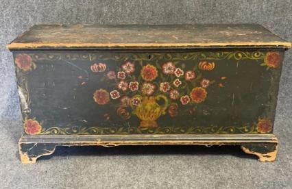 Pennsylvania Dutch Blanket Chest: White pine, bracket feet, dovetailed case, flower & urn paint decoration. 20 tall x 42 wide x 18 deep