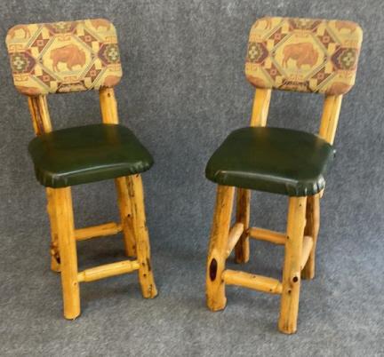 Pair Lodge Pole Pine Bar Stools: Upholstered seats and backs, sturdy, 42 tall, 26 to the seat x 16.5 deep x 16.5 wide