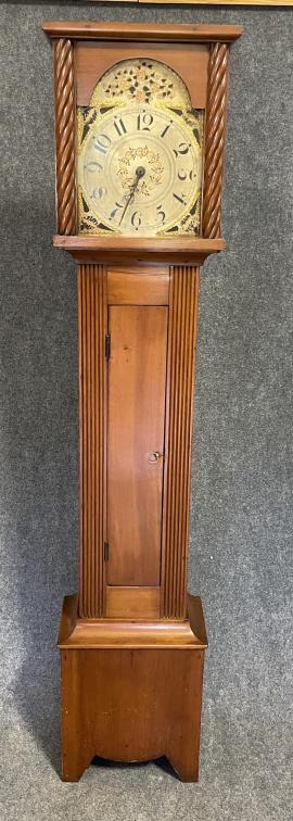 Cherry Tall Case Clock: 19th century, reeded columns flanking door, cove molding , hand painted wooden dial, turned applied columns flanking face, with pendulum, wooden works, weights, 79.5 tall x 16 wide x 10 deep