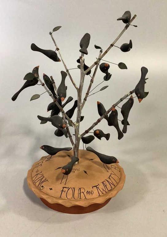 Folk Art, Ole King Cole Blackbird Pie: Signed M. Dallas, ( Maurice, Mo Davis ? ) dated 93, whimsical 19 inch tall pie with twig and blackbirds,