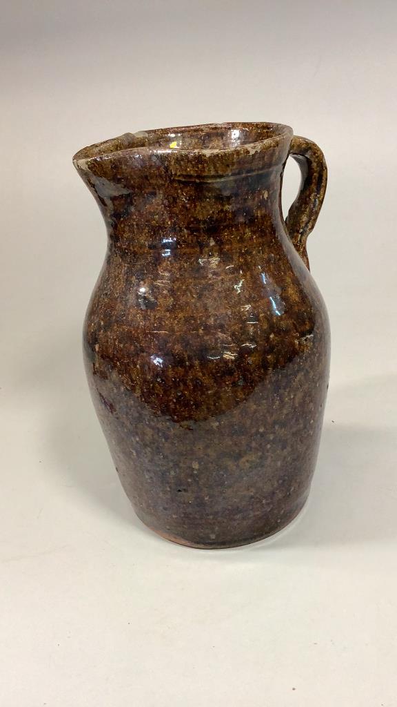Buncombe County NC Pottery Milk Pitcher: Attributed to Penland, 11 inch tall gallon size pitcher with alkaline glaze, applied handle, minor rim chip
