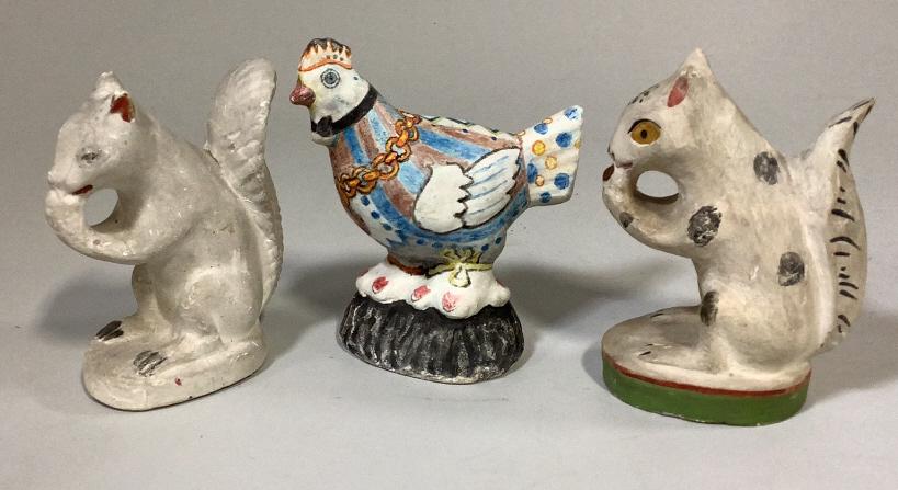 3 Folk Art Chalk Animals: 6.5 inch painted squirrel, hollow body, similar squirrel with solid base, painted feet,ears, folky painted chicken6.5 inches solid base, stamped GWS and dated 1948, great colors