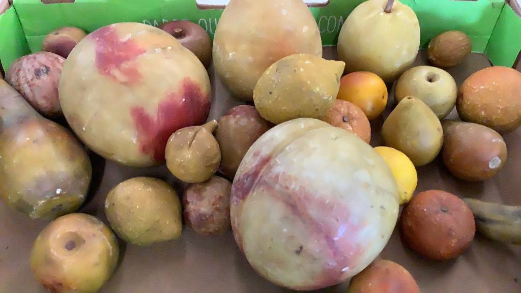 Large Group Antique Stone Fruit: Approximately 27 pieces, including apples, banana, large peaches , large pear, walnut, oranges, lemons