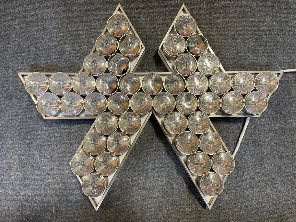 Retro Party Light: Aluminum frame with multiple round lights each with four colored bulbs, 3 toggle switches 33 tall x 43 wide x 5 deep