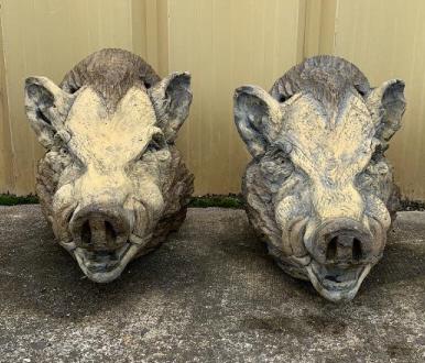 Pair Concrete Boar Head Wall Mounts: Painted Yellow, 12H x 13D