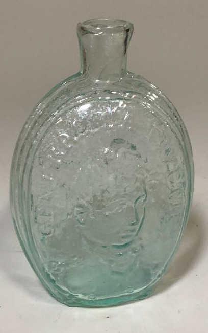 General Lafayette Early Glass Flask: Aqua glass flask with portrait of Lafayette, Eagle with shield and arrow to reverse,,also stamped T.W.D. In oval, 6 7/8 inches tall, Pontil mark