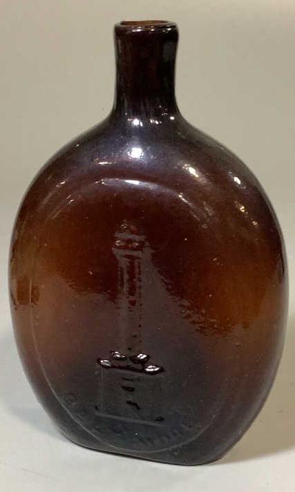 Early Glass Flask, Baltimore Monument: 8.5 x 5.5 inch blown glass flask, Historical Monument and on reverse Corn for The World embossed, deep amber color, good condition