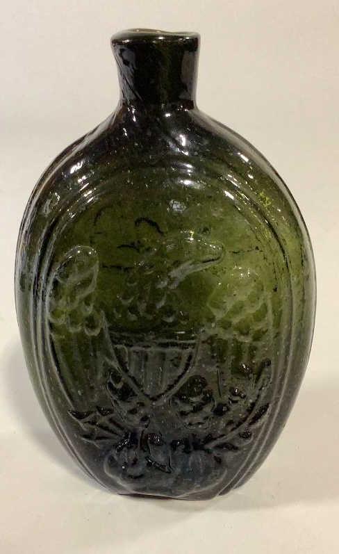 Early American Federal Mold Blown Glass Flask: 19 th century with relief molded American Eagle, reverse with cornucopia fruit , rough Pontil, deep spinach green glass